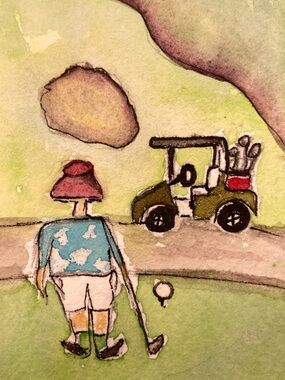Original Golf Watercolor Painting - Green, Blue, Pink Accents